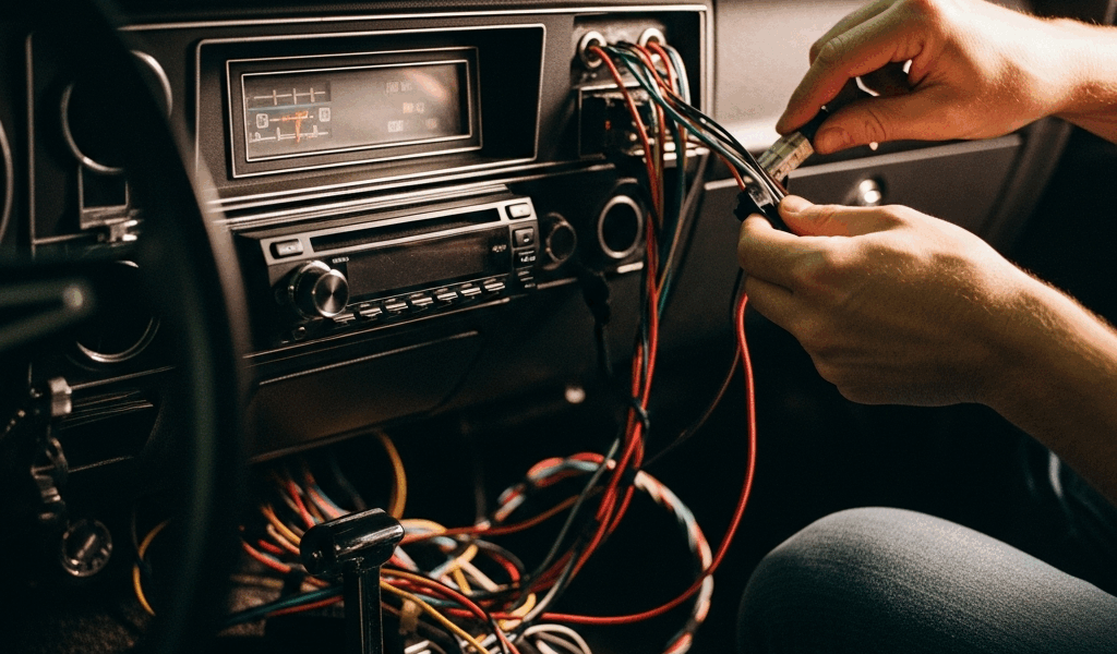 classic car dashboard with aftermarket radio head unit hands 20260331 094342