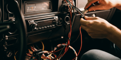 classic car dashboard with aftermarket radio head unit hands 20260331 094342