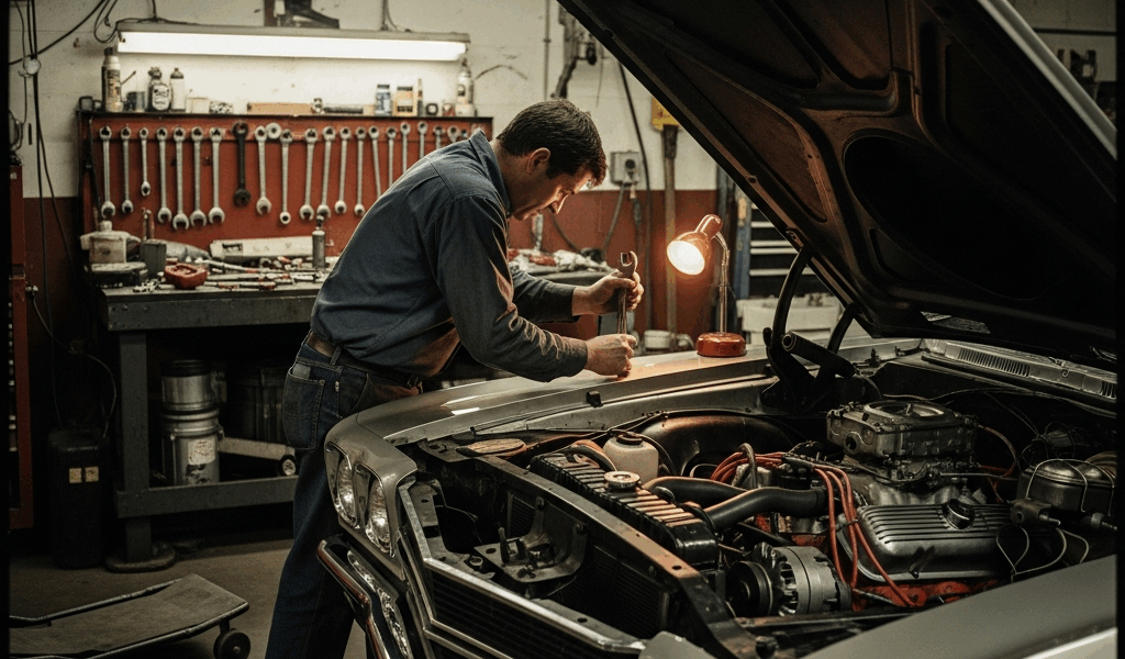classic muscle car in garage with hood open, spring maintenance