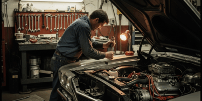 classic muscle car in garage with hood open, spring maintenance