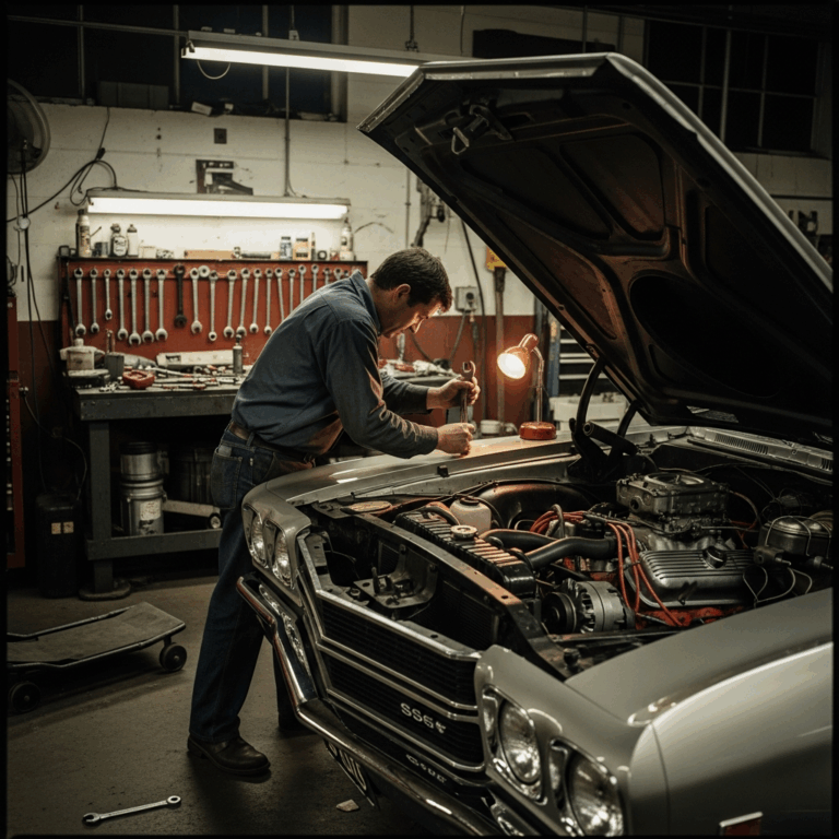 classic muscle car in garage with hood open, spring maintenance